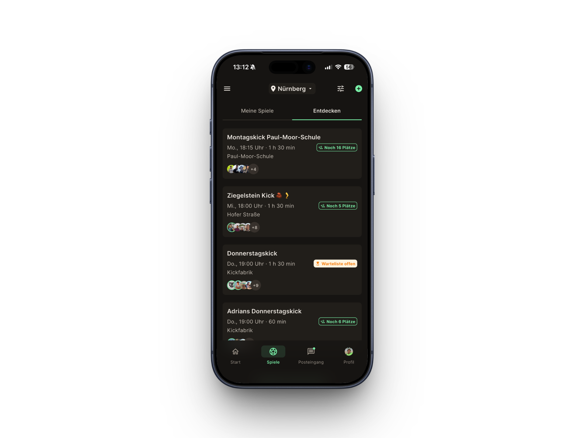 Spieleliste in der EINFACH KICKEN App